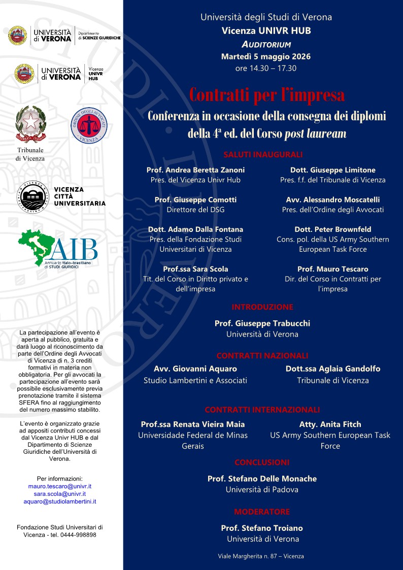 CONTRATTI PER L'IMPRESA- Conferenza in occasione della consegna dei diplomi della IV edizione del Corso Post lauream 5maggio 14.30-17.30
